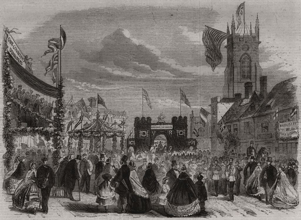 The Essex Agricultural Society's show at Halstead: Triumphal arch 1862 print